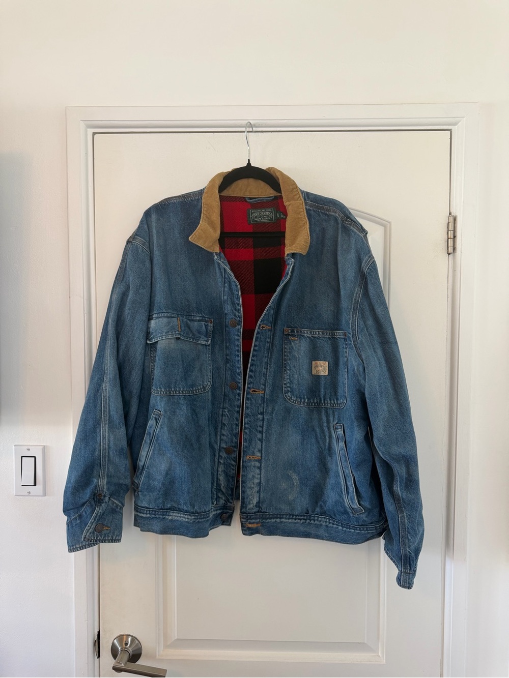 Ralph Lauren Polo Country Blue Denim Jacket with Tan Collar and Red Plaid Lining